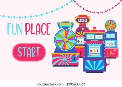 Casino banner web design vector illustration. Win jackpot in game slot machine. Gaming machine, fortune wheel and game roulette. Gambling in Internet. Spending time playing online.