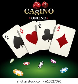 Casino banner for website design. Vector illustration dice, casino chips, poker playing cards