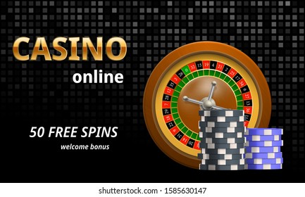 Casino banner with white dice, chips and roulette on dark background. Vector illustration concept.