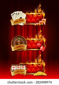 Casino banners set with cards, chips, slot machine, dice, roulette against curtain backdrop.