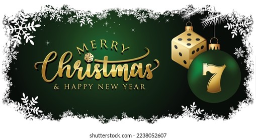 Casino Betting Christmas Greeting Banner Card - Merry Christmas and Happy New Year text - Poker Slot Gambling on Gold and Green Background