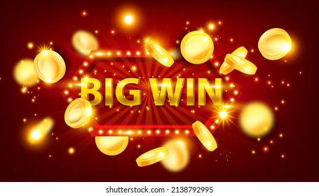 Casino big win banner, vector jackpot game prize sign, golden coin, red retro signboard, light bulbs. Lucky promotion lottery Vegas illustration, celebration victory frame. Big win 3D reward clipart