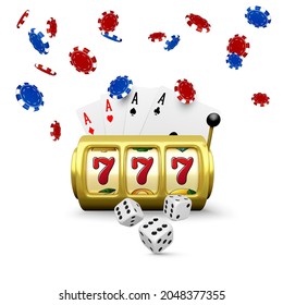 Casino big win poster. 3d gold slot machine black playing cards four aces and falling and poker chips. Design element for gambling banner. Vector illustration