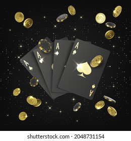 Casino big win poster. Black 3d playing cards aces and falling golden coin and poker chips. Design element for gambling banner. Vector illustration