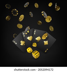 Casino big win poster. Gold dices black playing cards four aces and falling poker chips and golden coins. 3d design element for gambling banner. Vector illustration