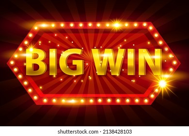 Casino big win vector illustration, jackpot prize banner, retro red frame, light bulb, shiny lucky sign. Lottery promotion signboard, Vegas victory award design, money bonus gift. Big win billboard