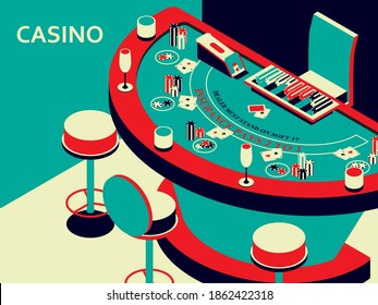 Casino black jack table in isometric flat style. Chips and card deck. Vector illustration.