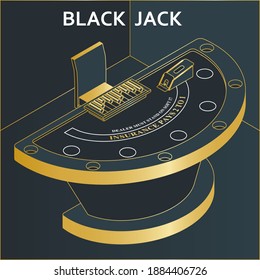 Casino black jack table in isometric flat style. Chips and card deck. Vector illustration.