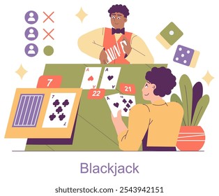 Casino blackjack game concept. A player engaging in a card game with a dealer, complete with chips and a dealt hand. Excitement in strategic gambling. Vector illustration.