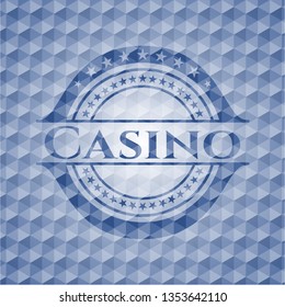 Casino blue badge with geometric pattern background.