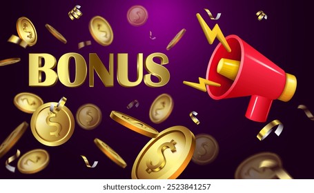 casino bonus banner element. business offer concept advertising and marketing golden bonus word background vector illustration. jackpot and lottery winner label.