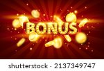 Casino bonus banner, vector red promotion jackpot prize background, golden flying coin, light bulbs. Special winner discount illustration, extra gift lucky sign online gambling game logo. Casino bonus