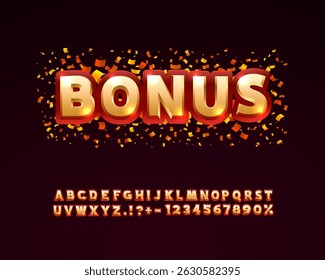 Casino bonus golden font, color red. English alphabet and numbers sign. Vector illustration
