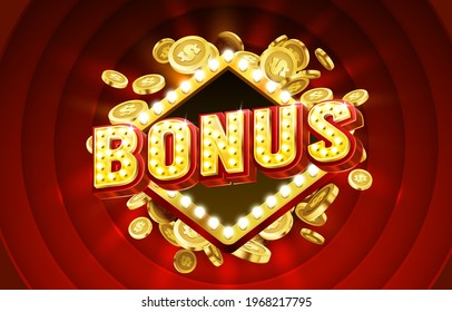 Casino Bonus label frame, golden banner, border winner, Vegas game. Vector illustration