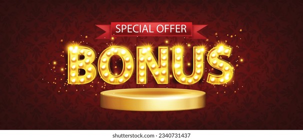 Casino bonus, red cash back background, champion jackpot banner, golden glitter, success podium. Special offer concept, extra money vector 3D poster, gift game competition. 3D bonus card luxury design