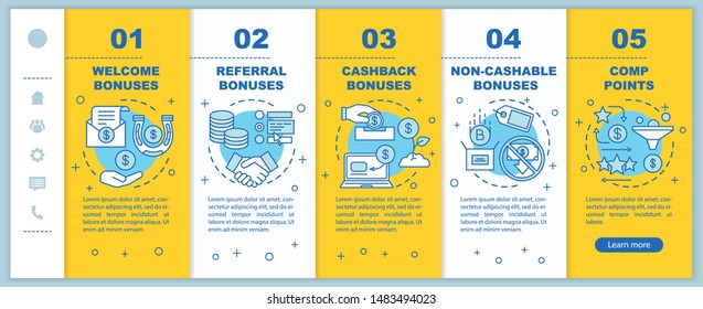 Casino bonuses onboarding mobile web pages vector template. Reward programs. Responsive smartphone website interface idea with linear illustrations. Webpage walkthrough step screens. Color concept
