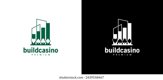 Casino building chart logo with playing card icon symbols depicting the growth of the casino city