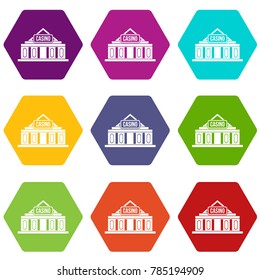 Casino building icon set many color hexahedron isolated on white vector illustration