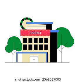 Casino Building With Neon Sign And Trees In Flat Vector Illustration Symbolizing Entertainment, Gambling, And Nightlife, Isolated On White Background