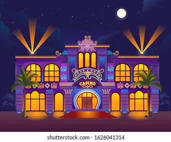 Casino building, casino at night,  neon signs, gaming house. Vector flat illustration