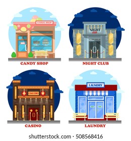 Casino building and nightclub entertainment, laundry and candy shop or store. Gambling industry, candy or confectionery retail, structure exterior view, night relaxation or leisure theme