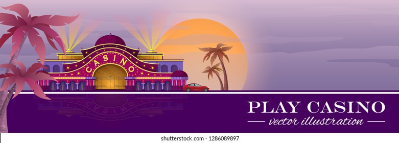 The casino building and palm trees on beach in the evening. Flyer, ticket, poster, banner.