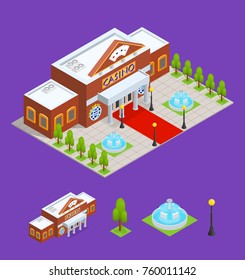 Casino Building and Part Isometric View Gambling Game Urban Architecture Modern Exterior Facade for Web. Vector illustration