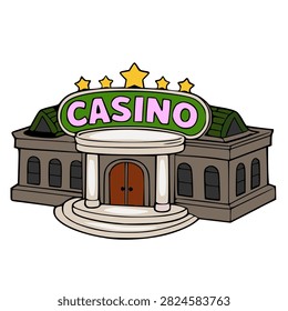 Casino building vector illustration with a bright neon sign and golden star accents