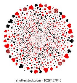 Casino burst globula. Object pattern organized from scattered casino pictograms as explosion round shape. Vector illustration style is flat iconic symbols.