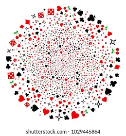 Casino burst sphere. Object pattern created from random casino pictographs as explosion globula. Vector illustration style is flat iconic symbols.