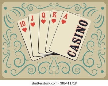 Casino calligraphic vintage style poster with playing cards. Retro vector illustration.