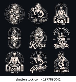 Casino and card game vintage emblems with croupier gamble skull hand with burning ace of spades skeleton king and queen attractive woman holding royal flush of hearts isolated vector illustration