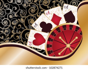 Casino card with poker elements and roulette, vector illustration