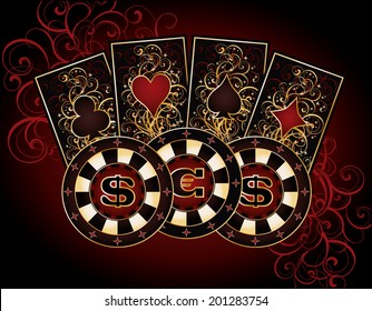 Casino card with poker elements, vector illustration