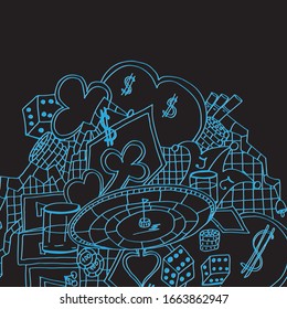 Casino. Card suits and tape measure. Gambling entertainment. Freehand sketch. Bright pattern on a black background.
