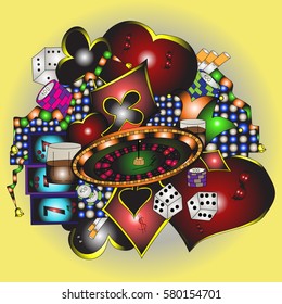 Casino. Card suits and tape measure. Gambling entertainment. Freehand sketch. Bright psychedelic pattern. Illustration on a yellow background.