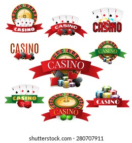 Casino with cards roulette chips and dice emblems set realistic shadow isolated vector illustration 