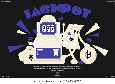 Casino cartoon characters and 90s money. Fashion poster. funny colorful characters in doodle style, gambling, currency, dollar, bitcoin with gloved hands. Vector groovy illustration with typography