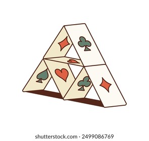 Casino cartoon groovy cards house for gambling or poker game, vector symbol. House of cards tower in retro cartoon groovy art for casino poker jackpot, lucky win or wheel of fortune gamble sign