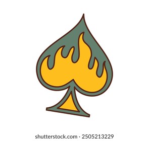 Casino cartoon groovy spades card icon for gambling poker game, vector symbol. Casino poker jackpot or slot machine lucky spin icon of spades with fire flame for gamble sign in groovy cartoon art