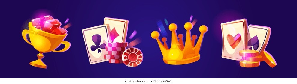Casino cartoon icons - golden trophy cup with jewels, playing cards, poker chips stack, royal crown glowing bright, pile of gold coins. Gambling game elements for jackpot winner, betting entertainment