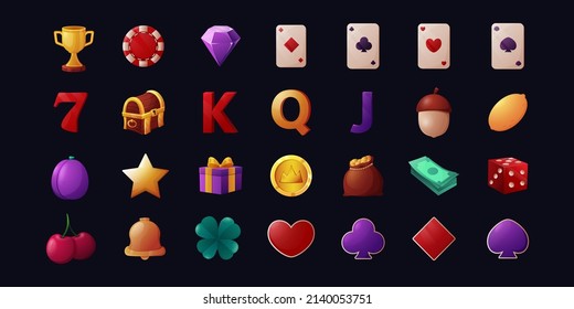 Iconos de dibujos animados del casino. elementos de juegos web y móviles de lotería. Juego de ranura de fortuna para vectores