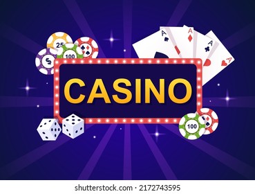 Casino Cartoon Illustration with Buttons, Slot Machine, Roulette, Poker Chips and Playing Cards for Gambling Style Design