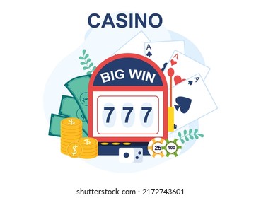 Casino Cartoon Illustration with Buttons, Slot Machine, Roulette, Poker Chips and Playing Cards for Gambling Style Design