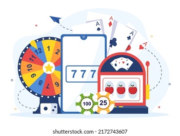 Casino Cartoon Illustration with Buttons, Slot Machine, Roulette, Poker Chips and Playing Cards for Gambling Style Design
