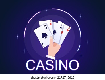 Casino Cartoon Illustration with Buttons, Slot Machine, Roulette, Poker Chips and Playing Cards for Gambling Style Design