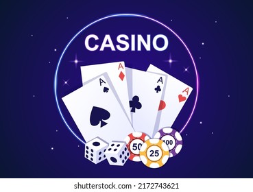 Casino Cartoon Illustration with Buttons, Slot Machine, Roulette, Poker Chips and Playing Cards for Gambling Style Design