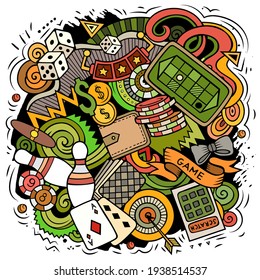 Casino cartoon vector doodle design. Colorful detailed composition with lot of gambling objects and symbols. All items are separate