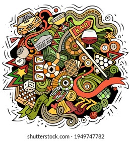 Casino cartoon vector doodle design. Colorful detailed composition with lot of gambling objects and symbols. All items are separate