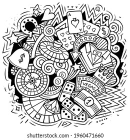 Casino cartoon vector doodle design. Line art detailed composition with lot of gambling objects and symbols. All items are separate